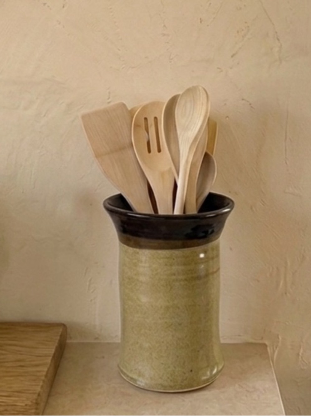 Studio Pottery Stoneware Utensil Crock Signed MJ Farmhouse Cottage Country